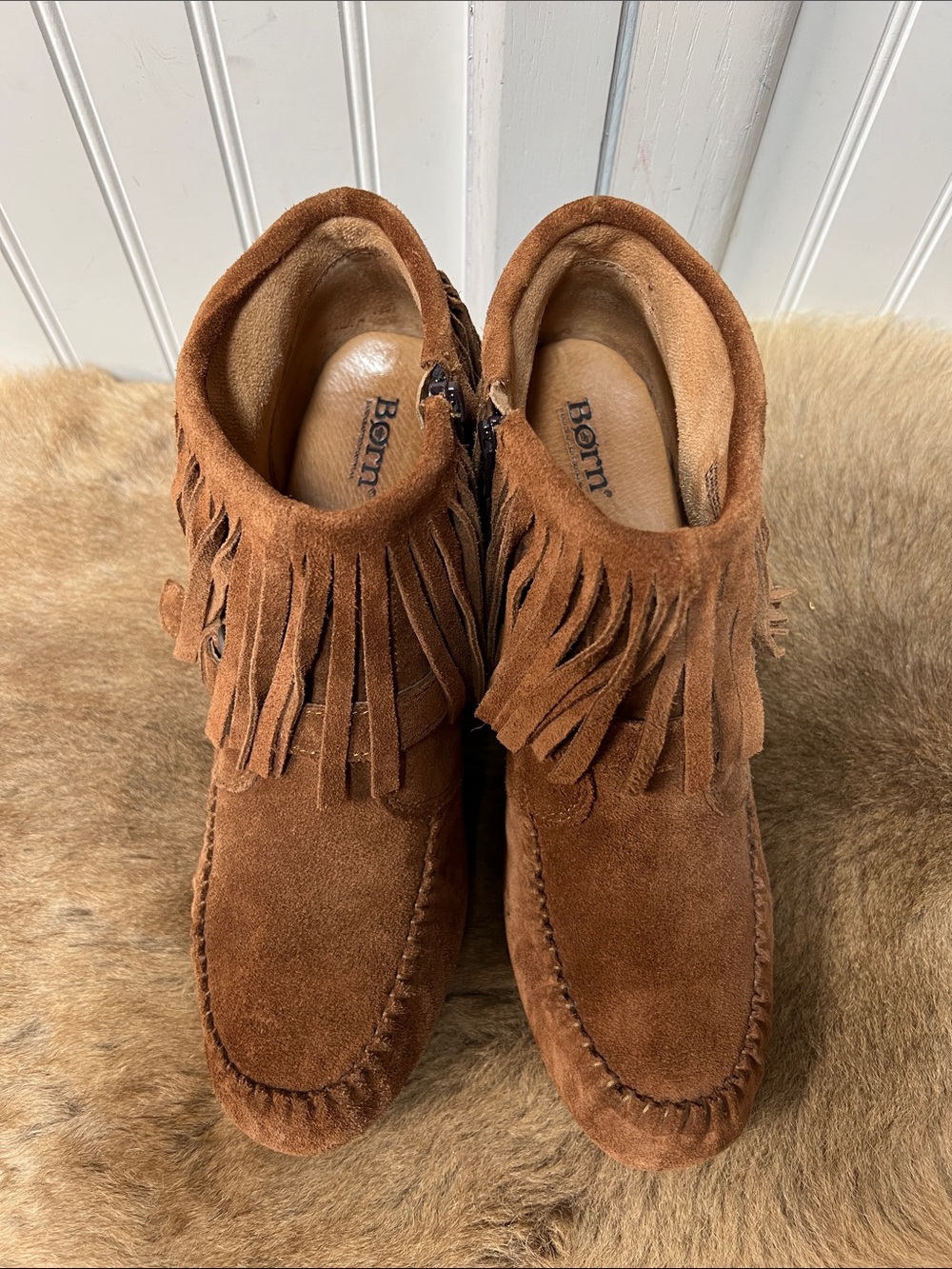 Born Thora Fringe Leather Ankle Boots 11 Booties Saddle Brown - Picture 2 of 6